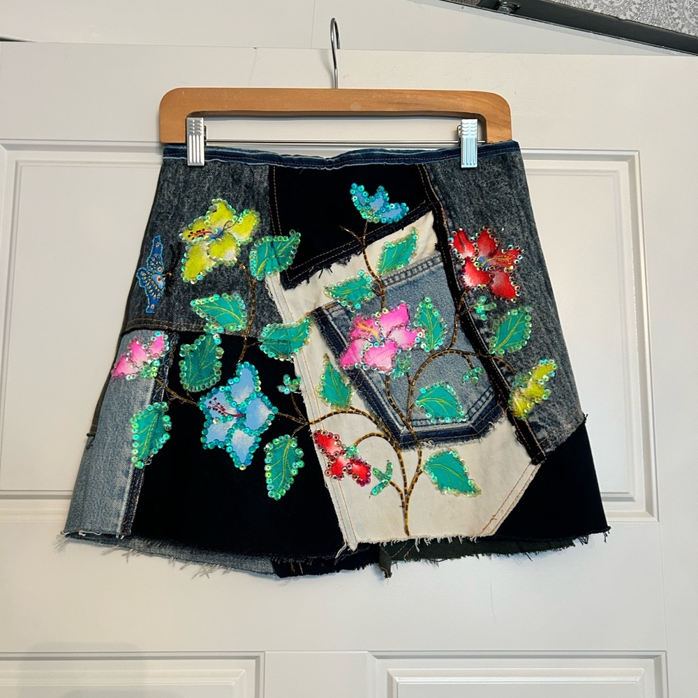 Floral Patchwork Denim Skirt